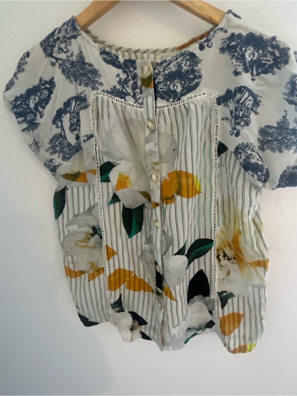 Anthropologie Maeve Blue & White Mixed Print Blouse